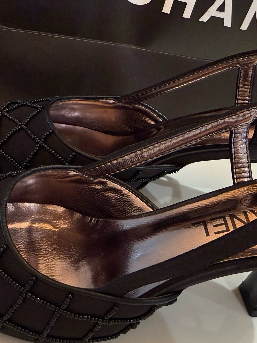 Gently Worn CHANEL Black Beaded Slingback Pointed-Toe Pumps. Vintage! - Picture 7 of 16